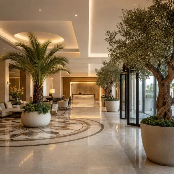 Nowoczesne lobby hotelu SPA z palmą Phoenix canariensis, oliwkami i roślinami egzotycznymi
