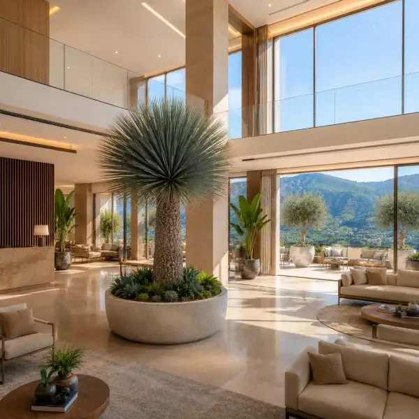 Nowoczesne lobby apartamentowca z dużą Yucca rostrata, strelicją i oliwkami na tarasach