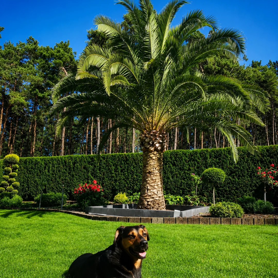 Palma Phoenix canariensis posadzona w ogrodzie klienta – realizacja Egzotycznego Ogrodu