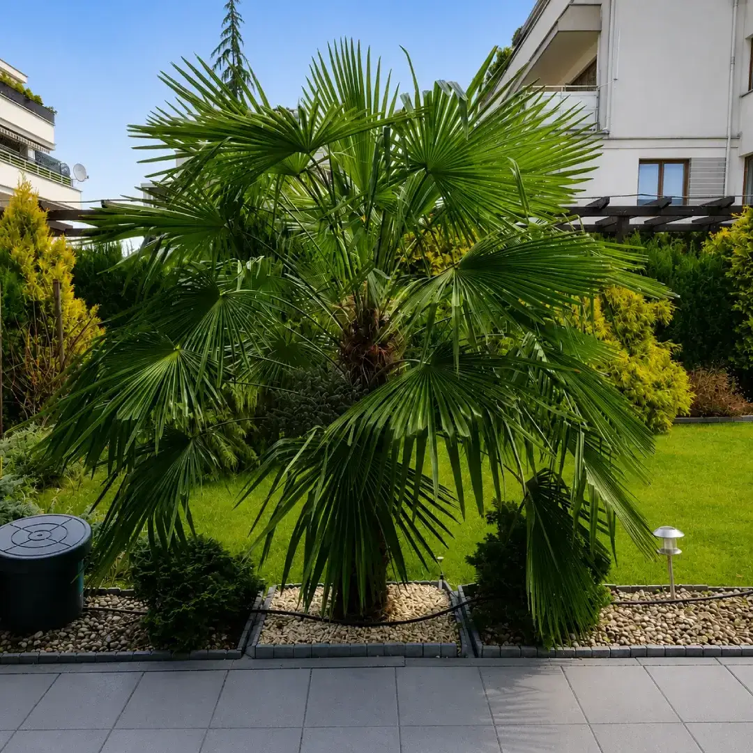 Trachycarpus fortunei, szorstkowiec Fortunego w ogrodzie klienta przy domu